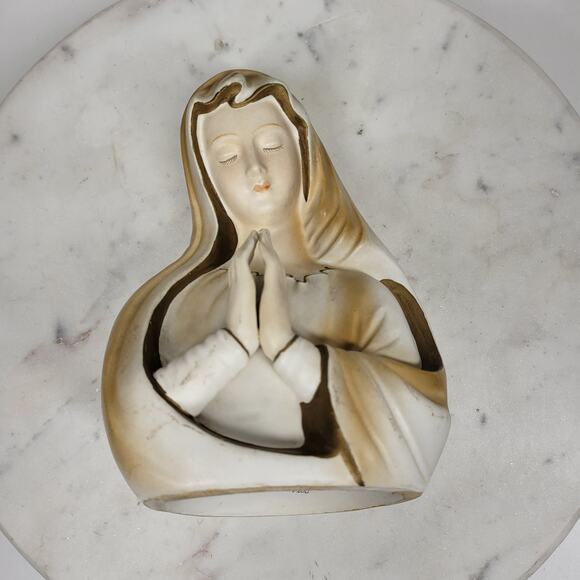 Vintage Praying Lady Head Planter, 7.5" Brown & White Ceramic Mother Virgin Vase - Picture 2 of 16